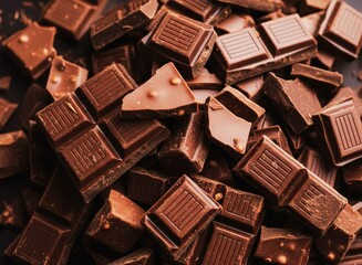 Dark Chocolate Squares With Glossy Texture And Cocoa Details In Warm Lighting