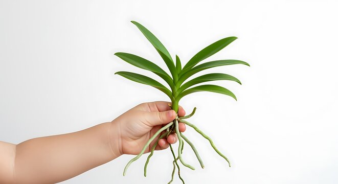 Child's hand holding green orchid plant with visible roots image