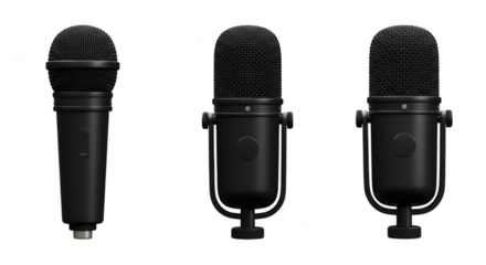 Microphone Trio: A trio of sleek, black microphones, each showcasing a unique design, stand in poised display of audio excellence. Ideal for studio use.