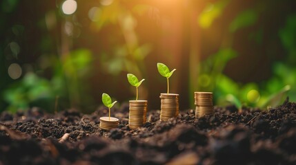 Stacks of coins placed in soil with small green plants sprouting from them, symbolizing financial growth, investment, and sustainability.