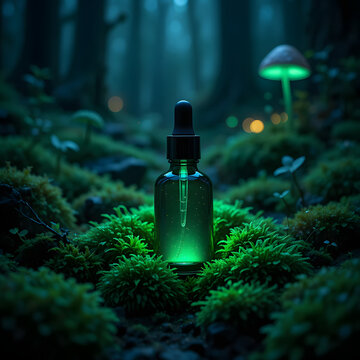 A glowing green glass dropper bottle with liquid sits amidst lush moss in a dark mystical forest