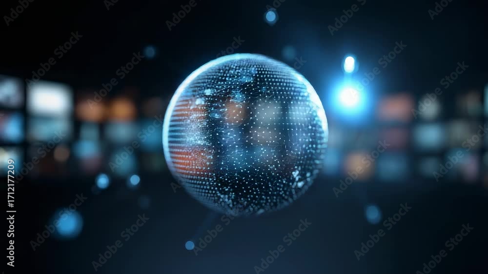 Poster rotating digital earth featuring glowing network connections and blurred information screens, repres