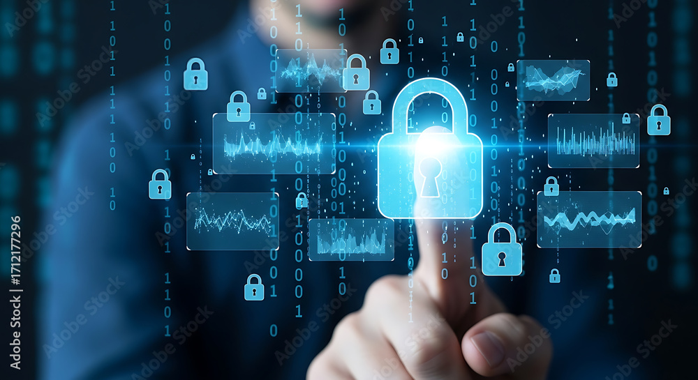 Poster finger pointing at digital padlock with binary code and data charts, representing cybersecurity and 