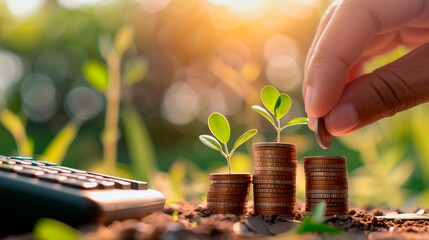 Hand placing coin on stacked money piles with plants sprouting, symbolizing financial planning, savings growth, and investment success.