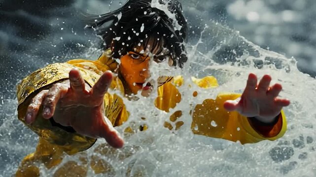 Young Man in Yellow Shirt Splashing Water Dynamic Action Pose.
