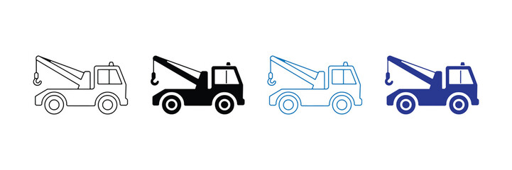Naklejka premium Set of four tow truck icons in different styles outline, solid black, outline blue, and solid blue, isolated on white background