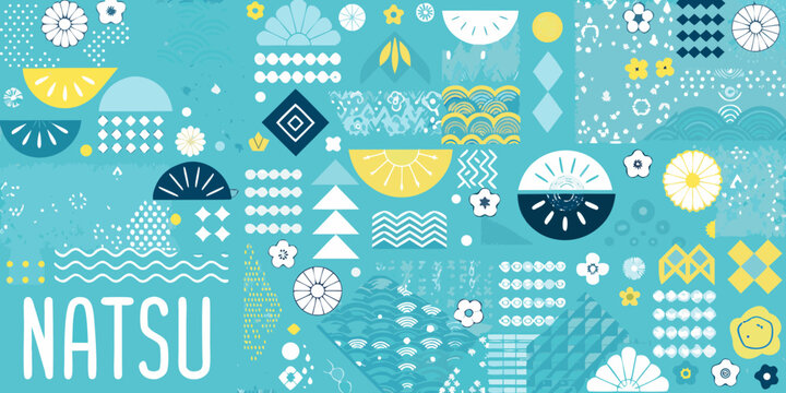 Vibrant Japanese Summer Pattern with Natsu Text Keywords: Japanese, summer, pattern, Natsu, text