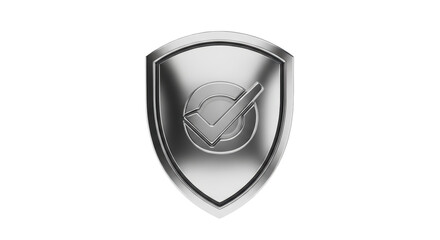 Isolated metallic shield icon with check mark symbol against a neutral background