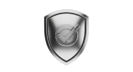 Isolated metallic shield icon with check mark symbol against a neutral background