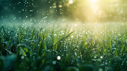 Fresh rain on lush green grass sunlight glistening vibrant nature scene early morning dew drops
