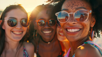 Close up of a group of young women with sunglasses smiling and having fun at a party together on a beach at sunset