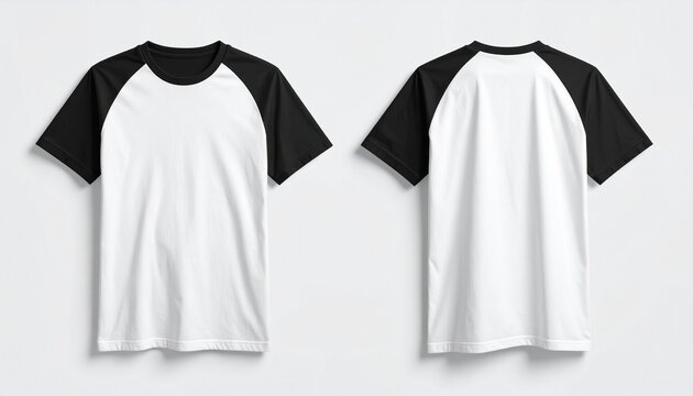 Front and back view of a blank white baseball tee with black raglan sleeves for mockup