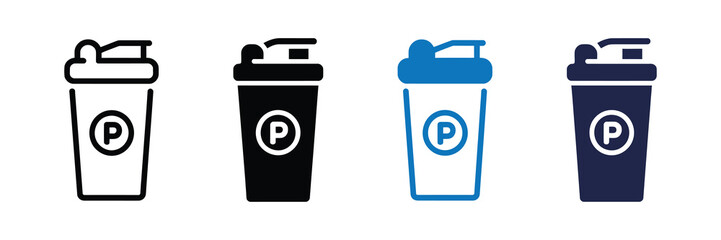 Set of four icons representing a shaker bottle, including outline, solid black, blue outline, and solid dark blue versions, each with a circular p logo