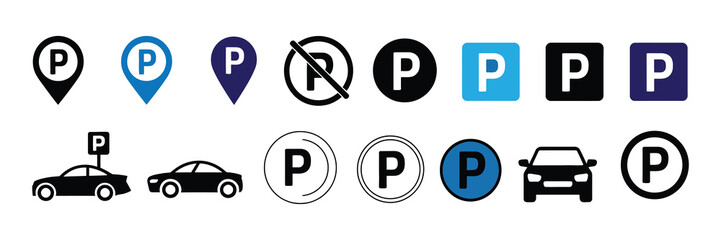 Collection of parking icons and symbols including location pins, cars, and p signs in various styles and colors, isolated on white background