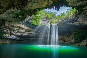 Hidden Waterfall Paradise Serene Oasis Vibrant Green Pool Sunlit Cave