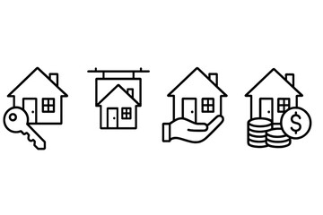 Real estate linear icons set for home buying, selling, mortgage, property investment, key house, hand holding home, financial concept, vector cartoon illustration transparent background