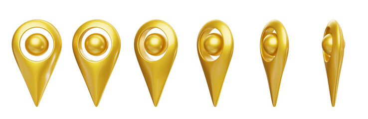 Set of yellow 3D map pointer from various angles, isolated on transparent background. 3D illustration