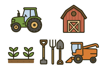 Simple farm icons set including tractor, barn, plants, tools, and agriculture machinery. Vector cartoon illustration with transparent background, organized collection for farming and rural concepts.
