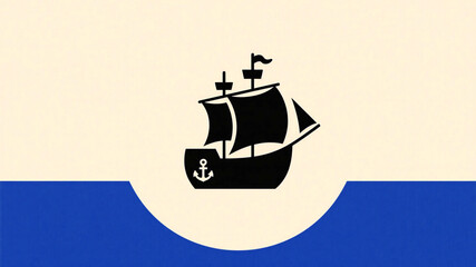 Columbus Day Majestic vintage sailing ship silhouette glides across calm blue ocean waters under a vast cream sky evoking adventure and discovery