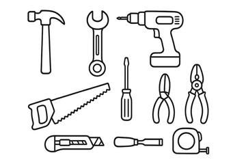 Simple line art tools collection featuring hammer, wrench, drill, screwdriver, and other essential DIY hand tools for home improvement and repair projects, vector cartoon illustration set