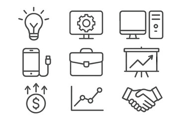 Simple linear icons for technology and business concepts, vector cartoon illustration with transparent background, set of modern minimalistic technology, business and finance symbols