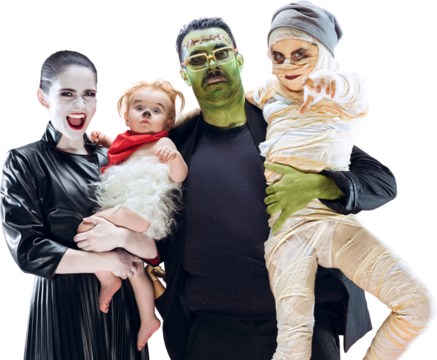 Family Halloween portrait with vampire mother, Frankenstein father, mummy child, and baby monster. Concept of spooky celebration, family costumes, and festive masquerade. Transparent background