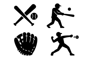 Vintage baseball icons set with classic crossed bats, baseball glove, batter silhouette, and pitcher silhouette, black silhouettes vector illustration for sports and leisure designs
