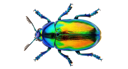 Isolated colorful beetle on display, rainbow colors, shining iridescent wings, insect