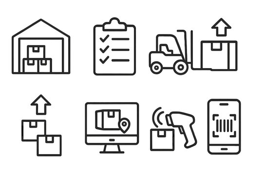 Warehouse management linear icons in modern logistics and shipping solutions. Vector set with packages, inventory checklist, forklift, shipment tracking, barcode scanning, and delivery concepts. - Powered by Adobe