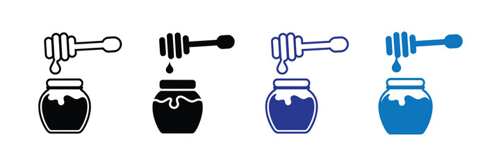 Set of four icons depicting a honey dipper with dripping honey over a jar, in black, white, and blue variations, isolated on white background