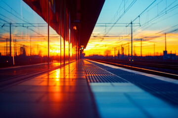The sun sets over a train station, casting colorful reflections on the platform as evening approaches, enhancing the urban landscape