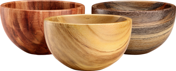 A trio of wooden bowls, showcasing varied grain patterns and warm, natural hues.