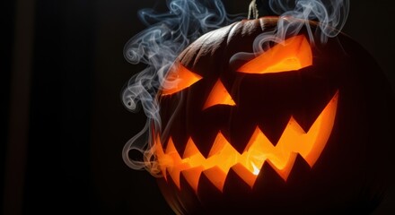 Sinister Pumpkin: A carved pumpkin, lit from within, with an eerie glow and emanating wisps of smoke, creating a chilling atmosphere of Halloween night.