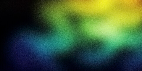 Dark abstract background with blurred neon green yellow and blue glowing tones and grainy noise texture overlay effect