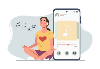 A girl listens to music on her smartphone using an online music service. Vector illustration.