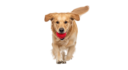 Isolated golden retriever with red ball in mouth is running straight at the camera