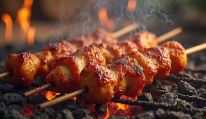 Delicious Chicken Skewers Grilling Over Hot Charcoal