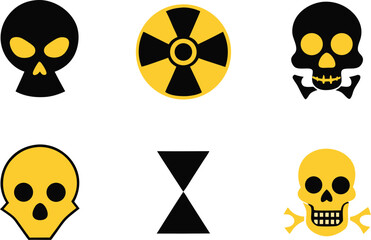 Radiation sign, biohazard sign and toxic sign set vector . Set of hazard danger yellow and black vector signs symbol. Danger, warning icon set. Silhouette and outline style. Vector illustration.