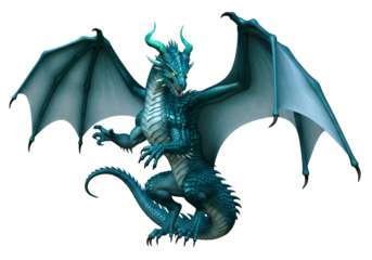A teal-colored dragon, with large, outstretched wings, stands out against a dark background, showcasing detailed scales and a powerful stance.