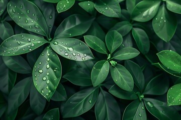Lush green leaves glistening with morning dew dark moody tones nature photography vibrant foliage