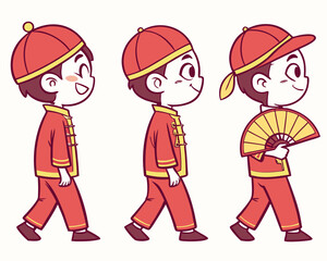 Cute cartoon boy wearing a traditional Chinese clothing with 3 different views.