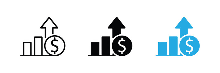 Financial growth icon with upward trending bar graph and dollar coin, representing economic progress and investment success, isolated on white background