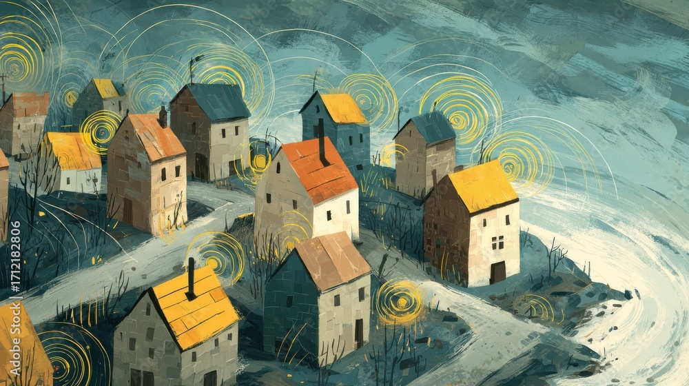 Aufkleber energy management system: charming cottages with visible smart meters and wireless signals creating 
