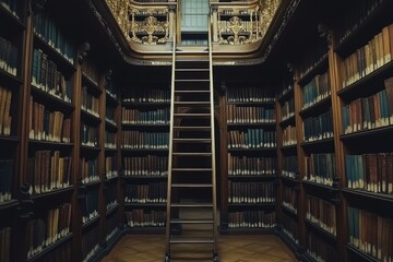 Obraz premium Vintage library interior with wooden shelves filled with old books and tall rolling ladder reaching up to ornate balcony, creating quiet and scholarly atmosphere