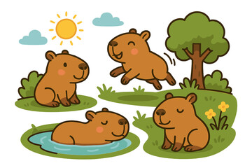 Obraz premium Cute capybara characters vector set. Adorable cartoon capybaras in different poses. Playful animal collection enjoying a sunny day in a park with a pond and tree.
