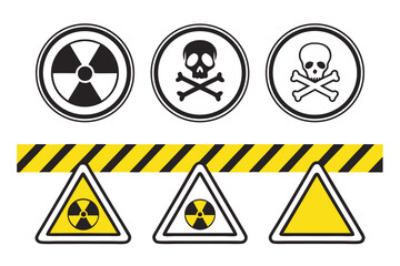 Radiation sign, biohazard sign and toxic sign set vector . Set of hazard danger yellow and black vector signs symbol. Danger, warning icon set. Silhouette and outline style. Vector illustration.