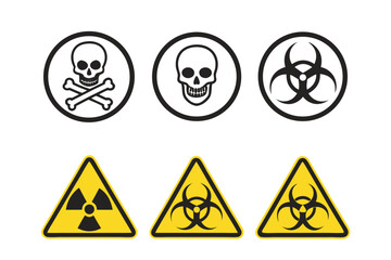 Radiation sign, biohazard sign and toxic sign set vector . Set of hazard danger yellow and black vector signs symbol. Danger, warning icon set. Silhouette and outline style. Vector illustration.