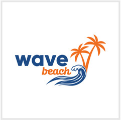 Wave Beach Logo A modern design featuring waves, palm trees, and a clean, professional aesthetic