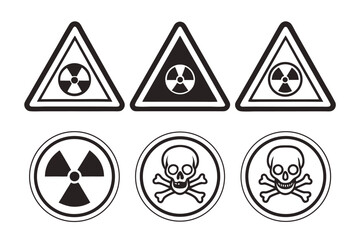 Radiation sign, biohazard sign and toxic sign set vector . Set of hazard danger yellow and black vector signs symbol. Danger, warning icon set. Silhouette and outline style. Vector illustration.