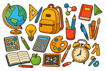Colorful educational tools and school supplies vector illustration with globe, backpack, notebooks, pencils, paint palette, calculator, clock, and learning elements for back to school essentials